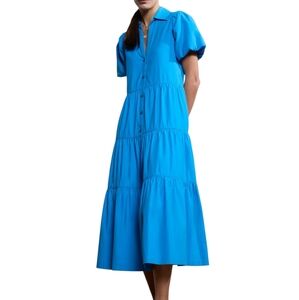 Brochu Walker Vivid Sky Blue Midi Sundress with Notched Collar and Short Sleeves